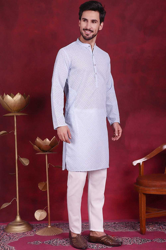 Blue Chikankari Georgette Men's Kurta Sets
