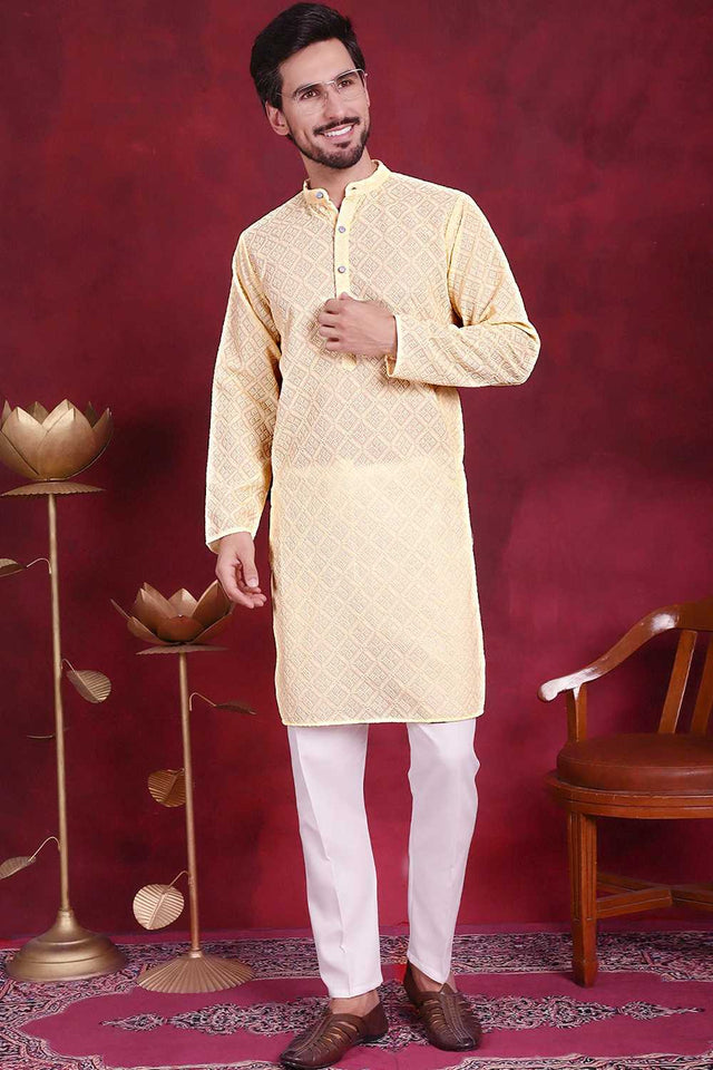 Yellow Chikankari Georgette Men's Kurta Sets