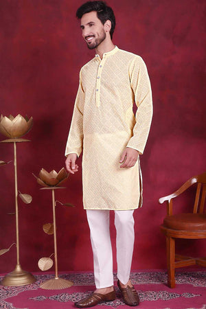 Yellow Chikankari Georgette Men's Kurta Sets