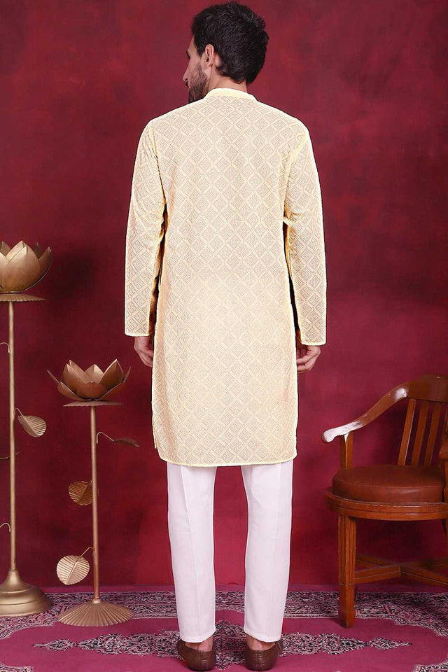 Yellow Chikankari Georgette Men's Kurta Sets