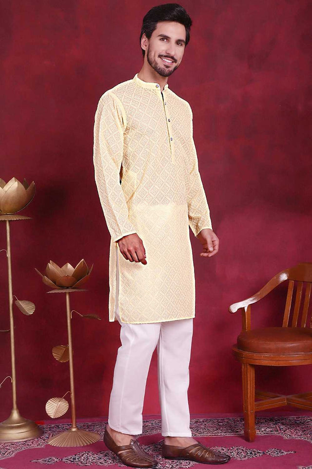 Yellow Chikankari Georgette Men's Kurta Sets