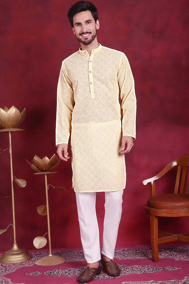 Yellow Chikankari Georgette Men's Kurta Sets