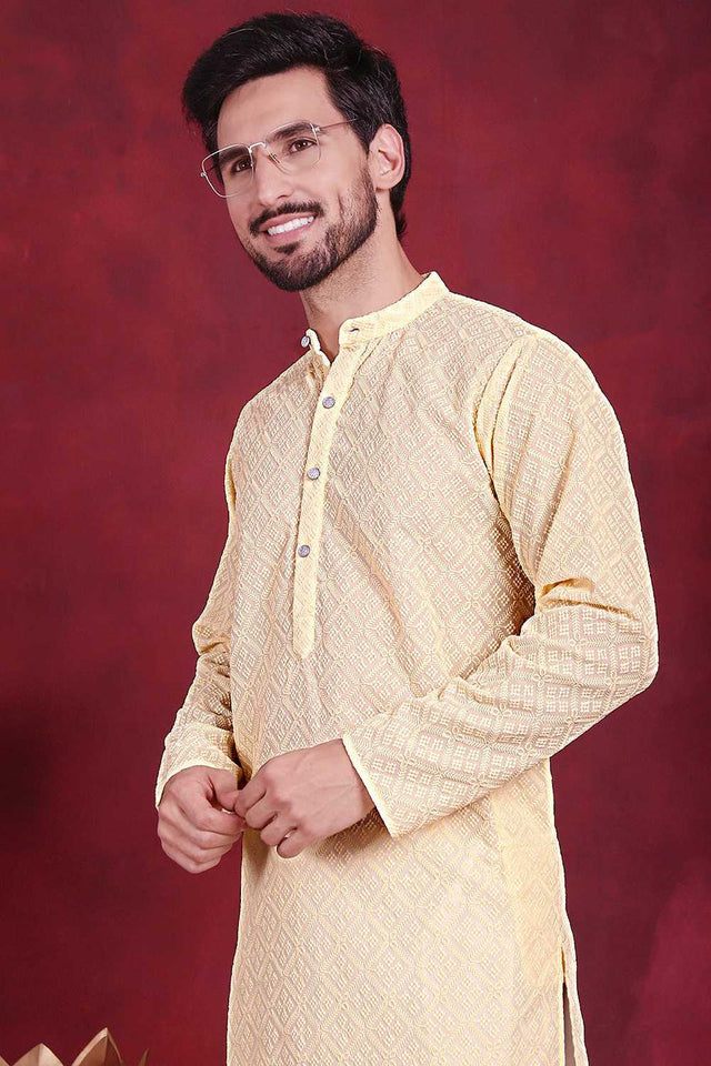 Yellow Chikankari Georgette Men's Kurta Sets
