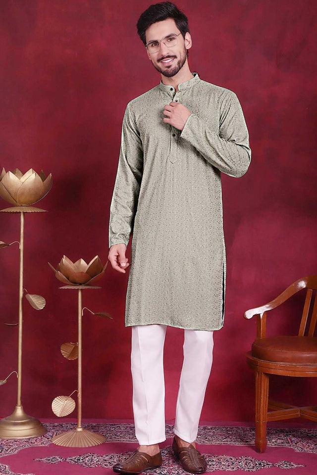 Green Chikankari Viscose Rayon Men's Kurta Sets