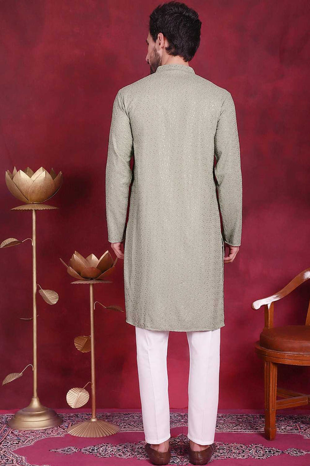 Green Chikankari Viscose Rayon Men's Kurta Sets