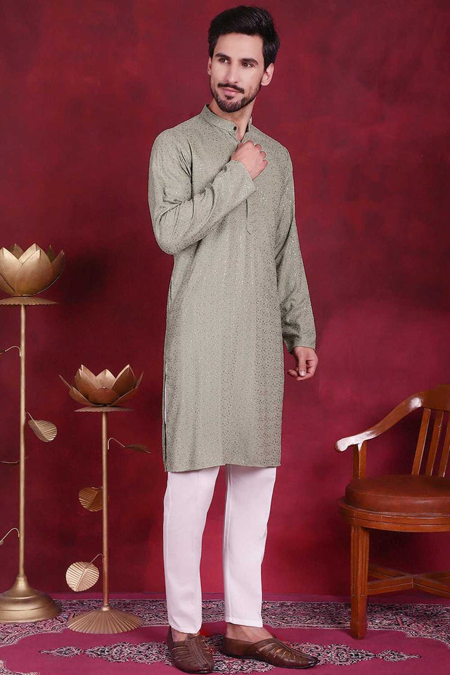 Green Chikankari Viscose Rayon Men's Kurta Sets