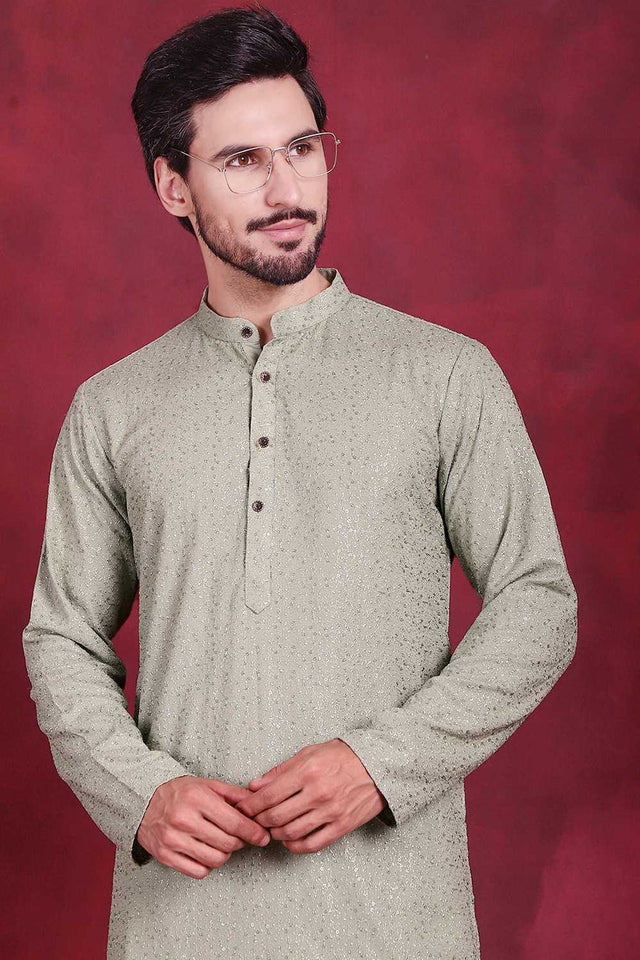 Green Chikankari Viscose Rayon Men's Kurta Sets