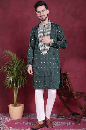 Olive-Green Sequin with Embroidered Cotton Men's Kurta Sets
