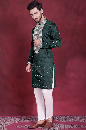 Olive-Green Sequin with Embroidered Cotton Men's Kurta Sets