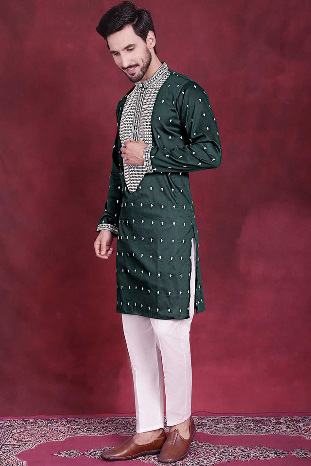 Olive-Green Sequin with Embroidered Cotton Men's Kurta Sets