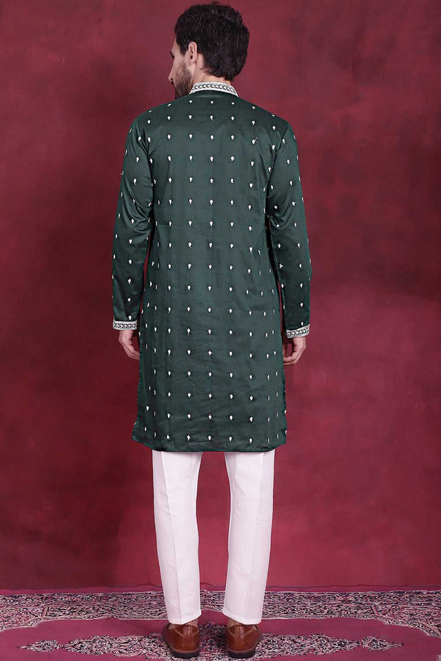 Olive-Green Sequin with Embroidered Cotton Men's Kurta Sets