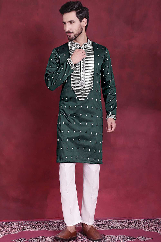 Olive-Green Sequin with Embroidered Cotton Men's Kurta Sets