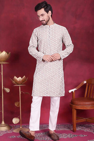 Grey Embroidered Cotton Men's Kurta Sets