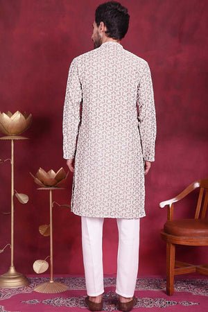 Grey Embroidered Cotton Men's Kurta Sets