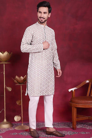 Grey Embroidered Cotton Men's Kurta Sets