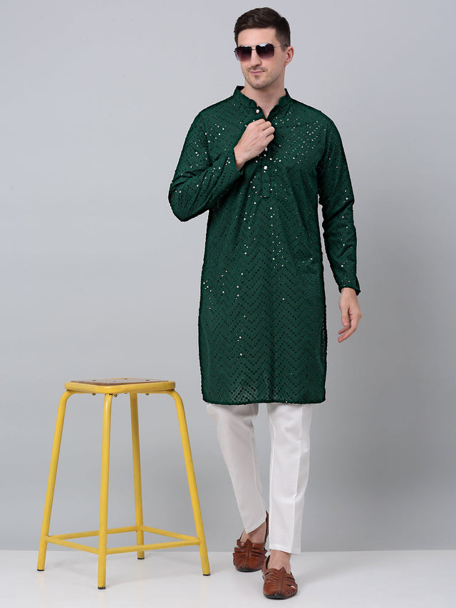 Men Olive Green Embroidered Sequined Kurta With Churidar (JOKP_P_680Olive)
