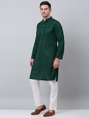 Men Olive Green Embroidered Sequined Kurta With Churidar (JOKP_P_680Olive)