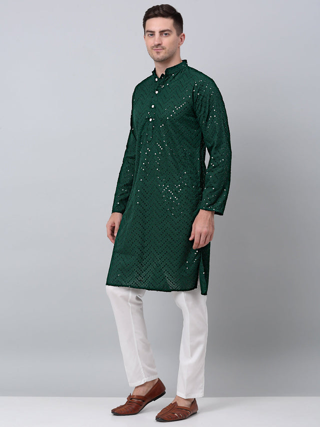 Men Olive Green Embroidered Sequined Kurta With Churidar (JOKP_P_680Olive)