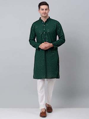Men Olive Green Embroidered Sequined Kurta With Churidar (JOKP_P_680Olive)