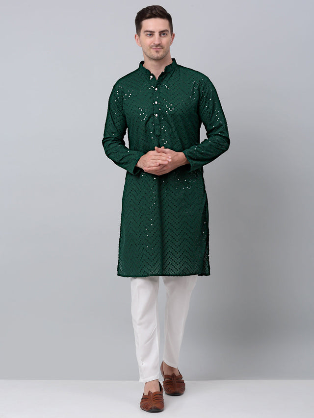 Men Olive Green Embroidered Sequined Kurta With Churidar (JOKP_P_680Olive)