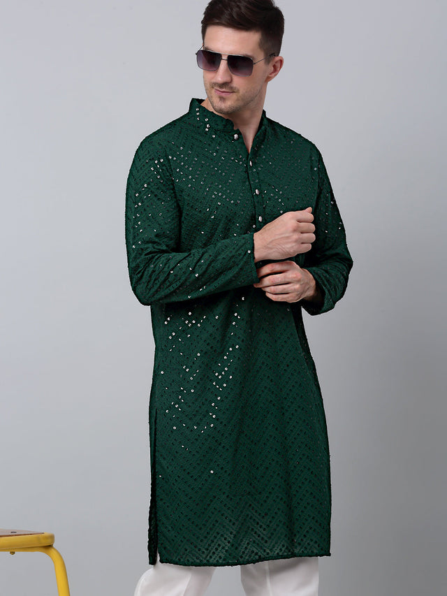 Men Olive Green Embroidered Sequined Kurta With Churidar (JOKP_P_680Olive)