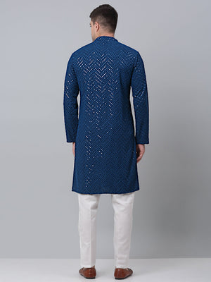 Men Peacock Blue Embroidered Sequined Kurta With Churidar