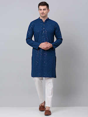Men Peacock Blue Embroidered Sequined Kurta With Churidar