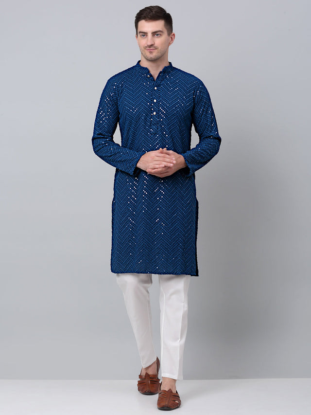 Men Peacock Blue Embroidered Sequined Kurta With Churidar