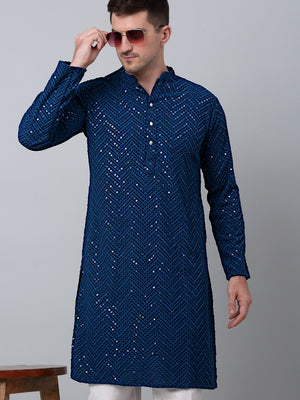 Men Peacock Blue Embroidered Sequined Kurta With Churidar
