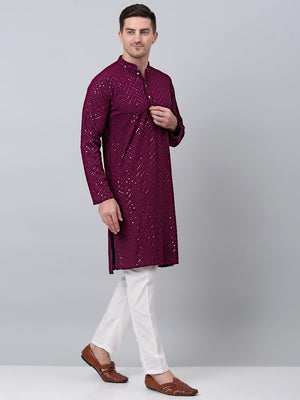 Men Purple Embroidered Sequined Kurta With Churidar