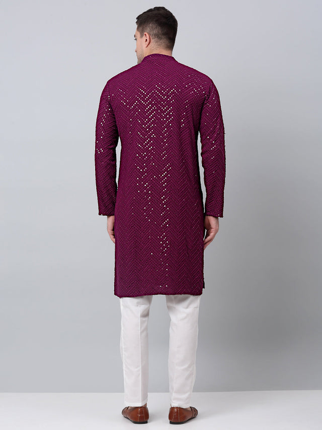 Men Purple Embroidered Sequined Kurta With Churidar