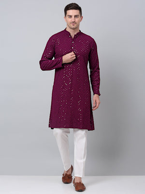 Men Purple Embroidered Sequined Kurta With Churidar