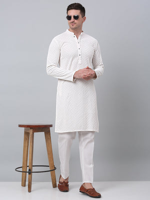 Men White Embroidered Sequined Kurta With Churidar