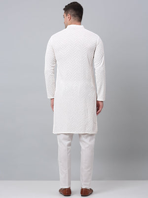 Men White Embroidered Sequined Kurta With Churidar