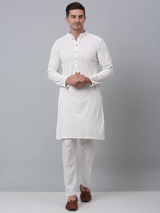 Men White Embroidered Sequined Kurta With Churidar