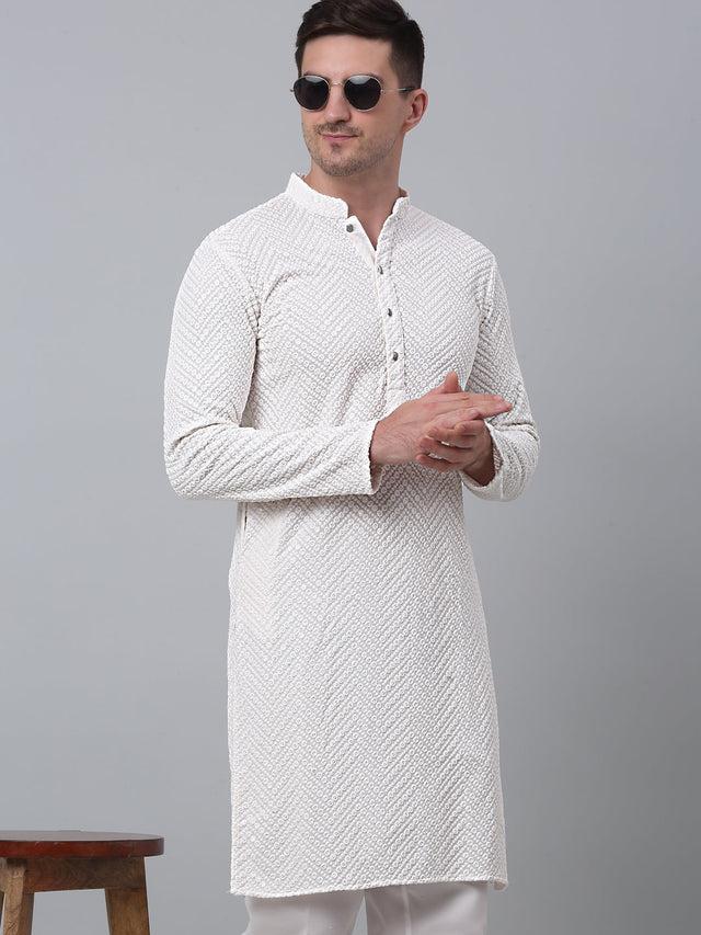 Men White Embroidered Sequined Kurta With Churidar