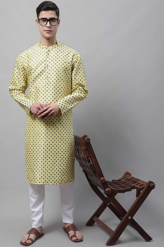 Yellow Geomatric Printed Silk Men's Kurta Sets