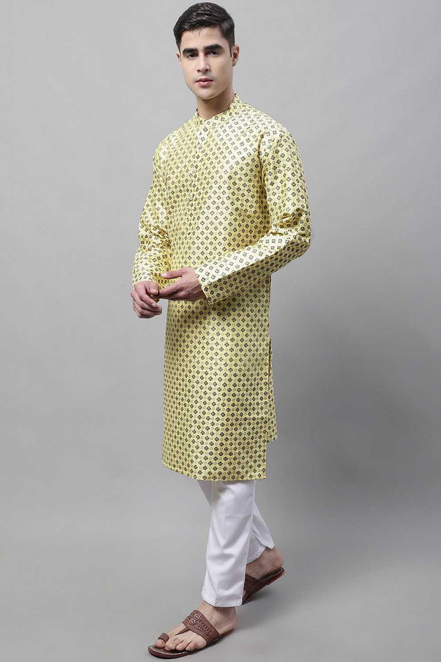 Yellow Geomatric Printed Silk Men's Kurta Sets