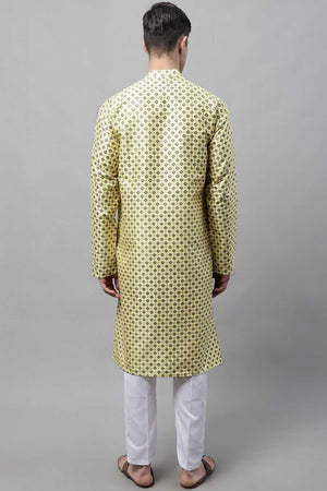 Yellow Geomatric Printed Silk Men's Kurta Sets