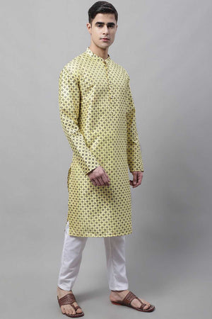 Yellow Geomatric Printed Silk Men's Kurta Sets