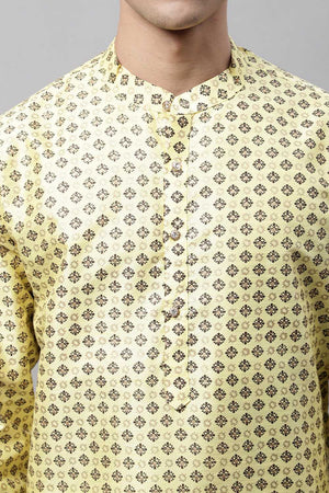 Yellow Geomatric Printed Silk Men's Kurta Sets