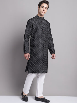 Men's Black Printed Pure Cotton Kurta Pajama Set