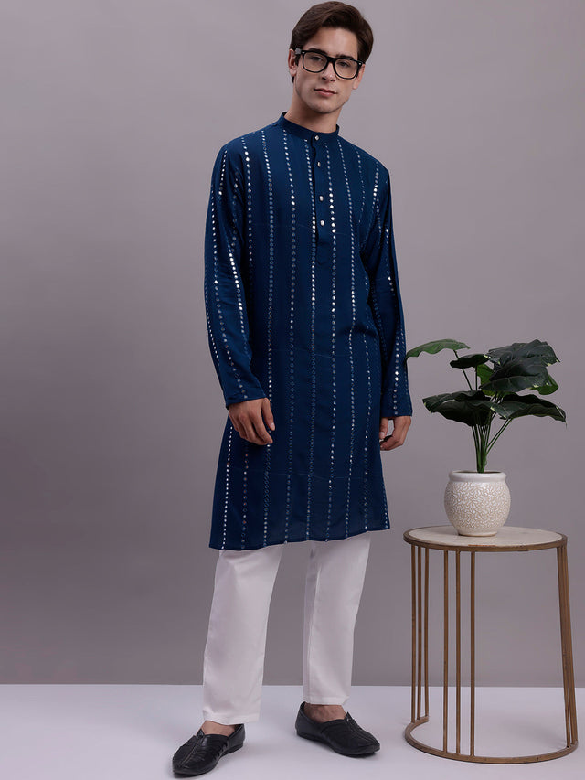 Men's Embroidered Mirror Work Kurta Pajama Set (JOKP_P_694Peacock)