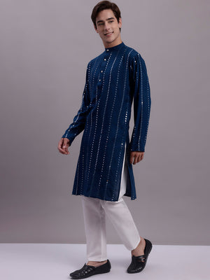 Men's Embroidered Mirror Work Kurta Pajama Set (JOKP_P_694Peacock)