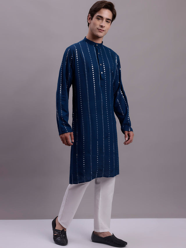Men's Embroidered Mirror Work Kurta Pajama Set (JOKP_P_694Peacock)