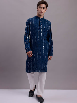 Men's Embroidered Mirror Work Kurta Pajama Set (JOKP_P_694Peacock)