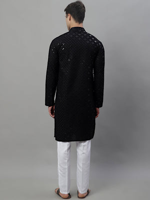 Men's Black Chikankari Embroidered And Sequin Kurta With Pajama