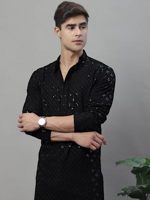 Men's Black Chikankari Embroidered And Sequin Kurta With Pajama