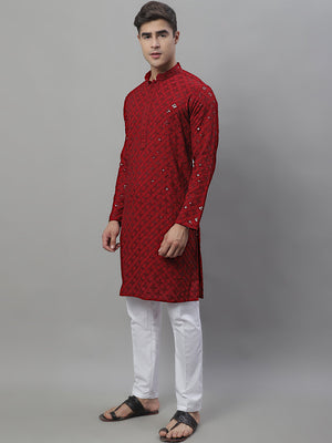 Men's Maroon Chikankari Embroidered And Sequin Kurta With Pajama