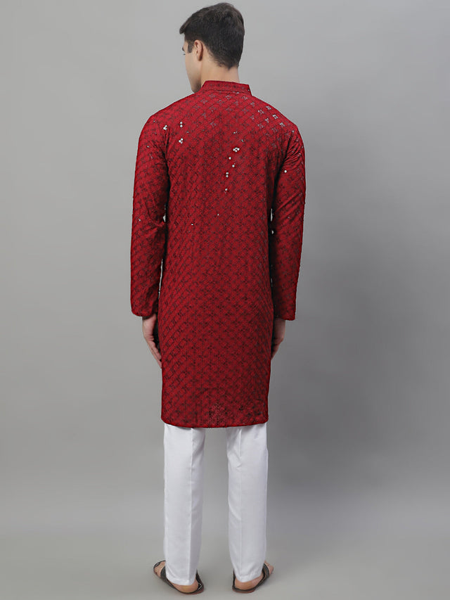 Men's Maroon Chikankari Embroidered And Sequin Kurta With Pajama